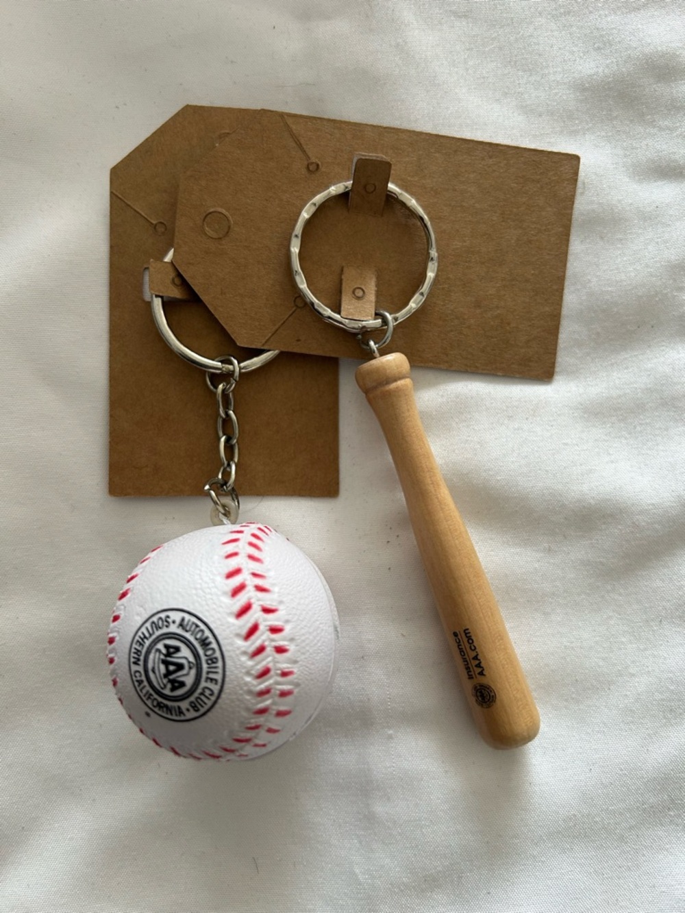 Wooden Bat & White Baseball Keychain Duo